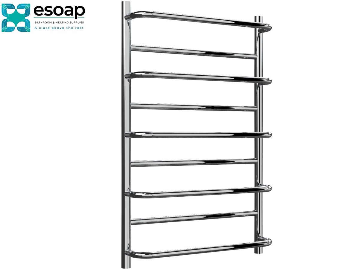 A polished chrome heated towel rail with eight horizontal bars, shown against a plain white background with the Esoap brand logo in the top-left corner. Reina Belbo 820x530 Polished Stainless Steel Designer Radiator