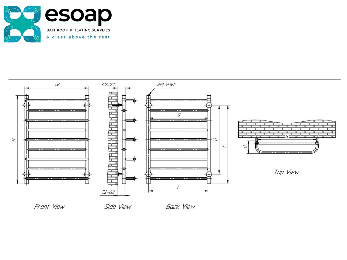 Technical dimension drawing of a towel radiator by essoap, showing front, side, back, and top views with labeled dimensions on a white background. Reina Belbo Polished Stainless Steel Designer Radiator
