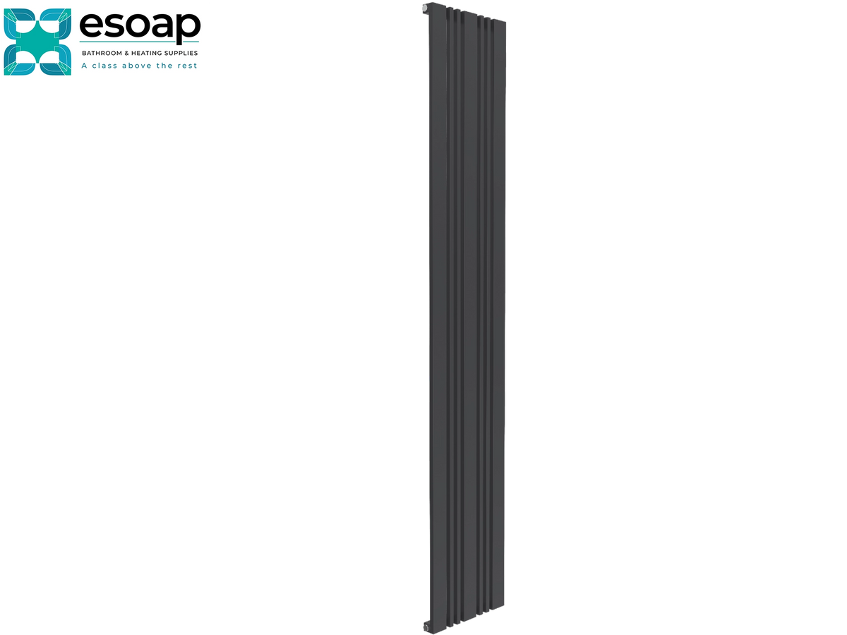 A tall, narrow dark gray vertical panel radiator shown on a plain white background, with the Esoap logo in the top-left corner Reina Bonera Vertical 1800x324 Anthracite Designer Radiator
