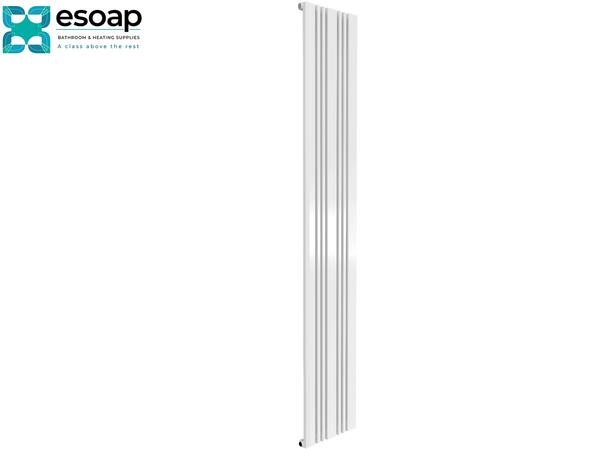 A tall, narrow white radiator with vertical fins, shown against a plain white background. The Esoap brand logo is visible in the top-left corner Reina Bonera Vertical 1800x324 White Designer Radiator
