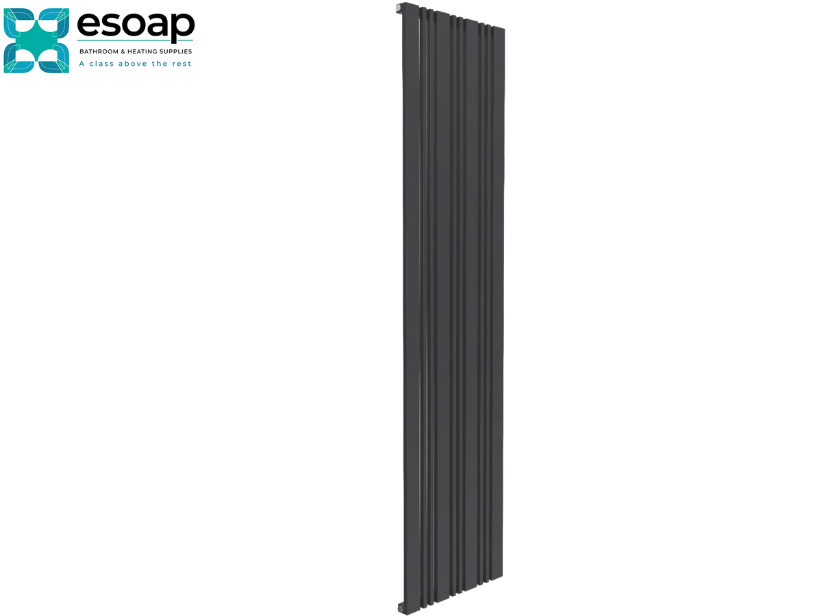 A tall, narrow dark gray radiator with vertical fins, shown against a plain white background with the Esoap logo in the top-left corner Reina Bonera Vertical 1800x456 Anthracite Designer Radiator