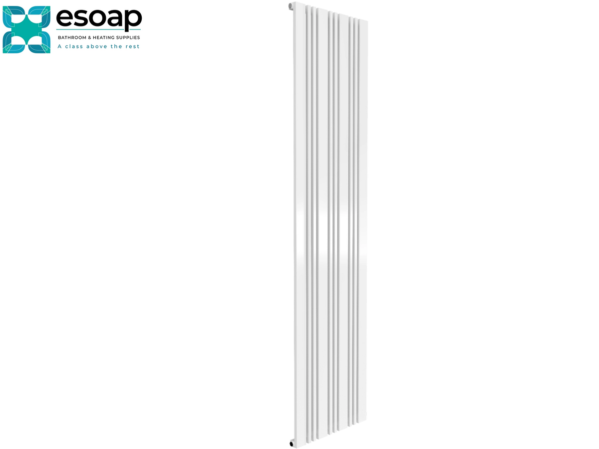 A tall, narrow white radiator with vertical fins, shown against a plain white background with the Esoap logo in the top-left corner Reina Bonera Vertical 1800x456 White Designer Radiator