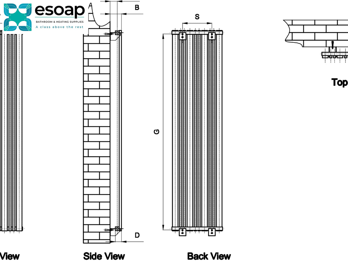 Technical line drawing showing multiple views of a radiator, including side view, back view, and top view, with dimension labels A, B, S, G, and D. The Essoap logo appears in the upper left on a white background Reina Bonera Vertical Designer Radiator