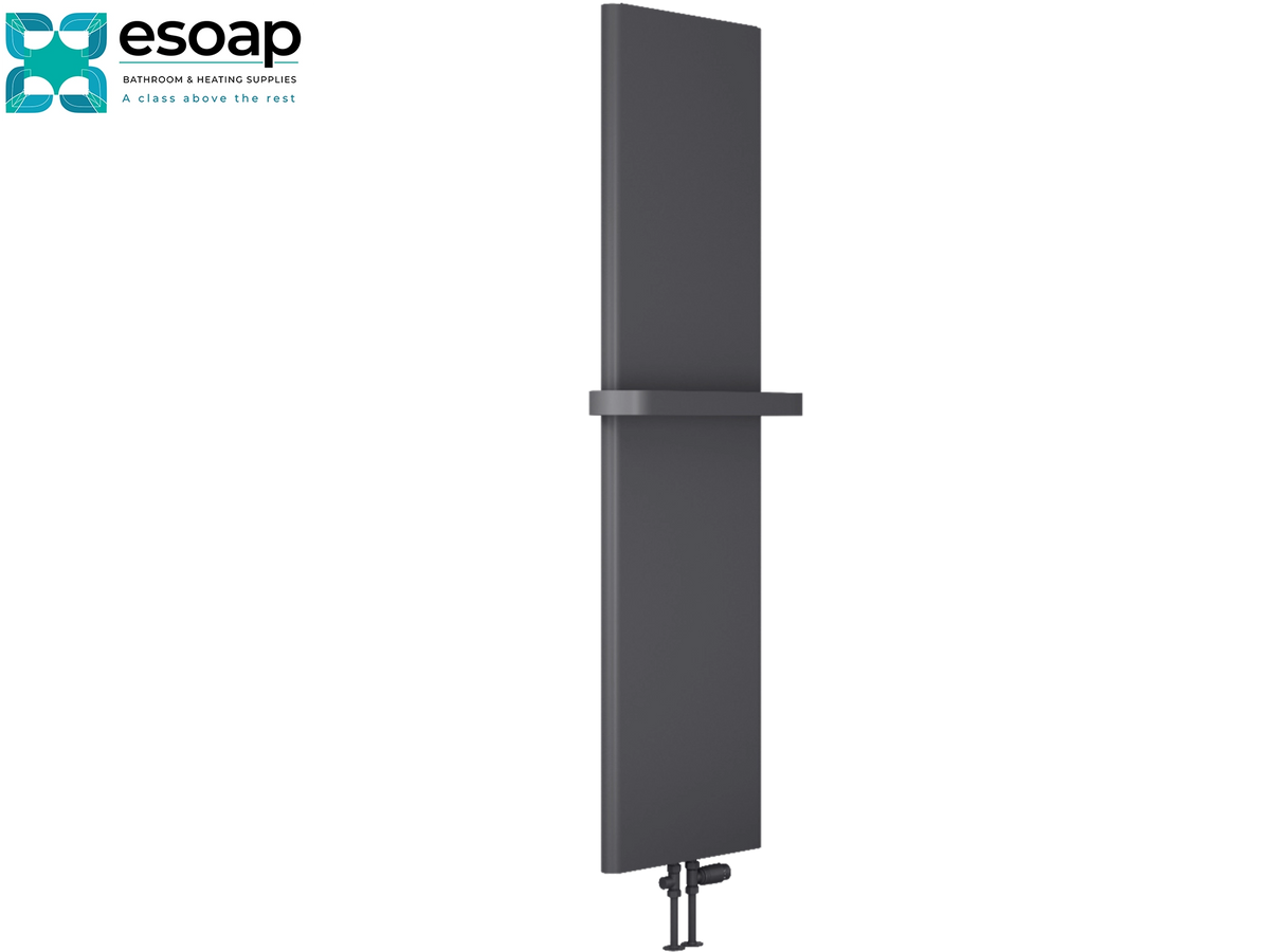 A tall, modern matte dark gray wall-mounted radiator finial with a horizontal support bracket in the middle, shown against a plain white background with the Esoap logo in the top-left corner Reina Borda 1800x440 Anthracite Designer Radiator
