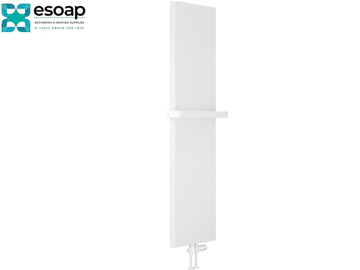 A tall, minimalist white wall-mounted radiator cover with a horizontal center shelf, shown against a plain white background. The Esoap brand logo is visible in the top-left corner Reina Borda 1800x440 White Designer Radiator