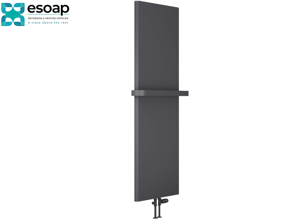 A modern dark gray wall-mounted radiator cover with a built-in shelf, shown against a plain white background with the Esoap brand logo in the top-left corner Reina Borda 1800x540 Anthracite Designer Radiator