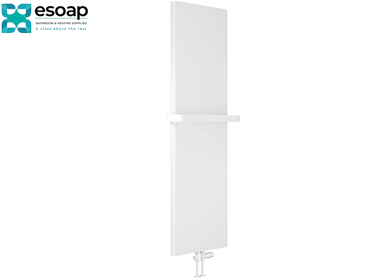 A tall, minimalist white wall-mounted radiator cover with a single horizontal bar, shown against a plain white background. The Esoap brand logo is visible in the top-left corner Reina Borda 1800x540 White Designer Radiator