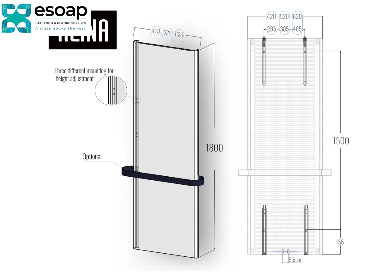 Technical dimension diagram of a frosted glass door panel with mounting options and hardware measurements, branded esoap and REMA, on a white background Reina Borda Designer Radiator