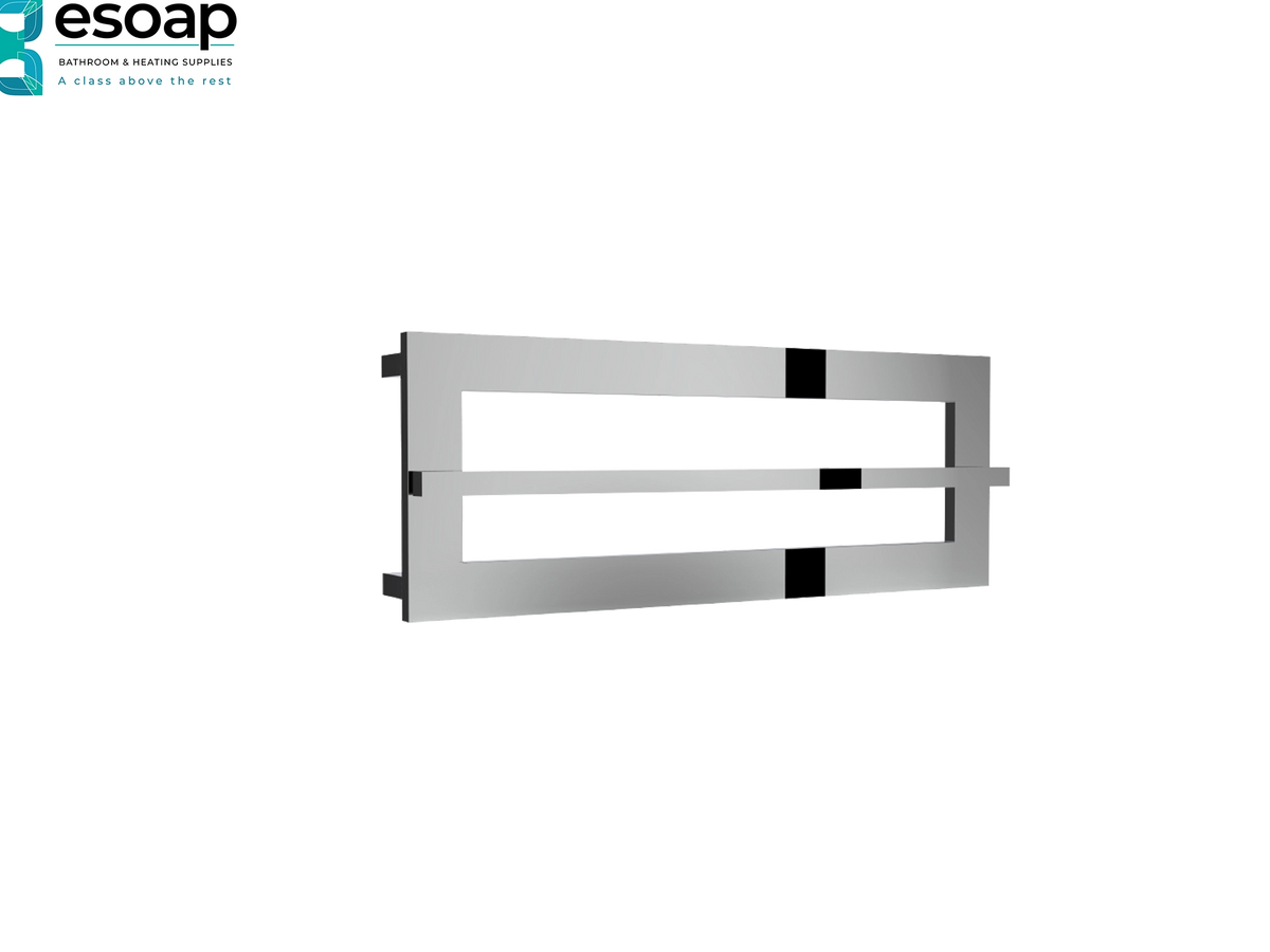 A modern wall-mounted towel rail with a brushed silver metal finish and black mounting brackets, shown against a plain white background with an 'esoap' logo in the top-left corner Reina Breno 350x700 Chrome Designer Radiator