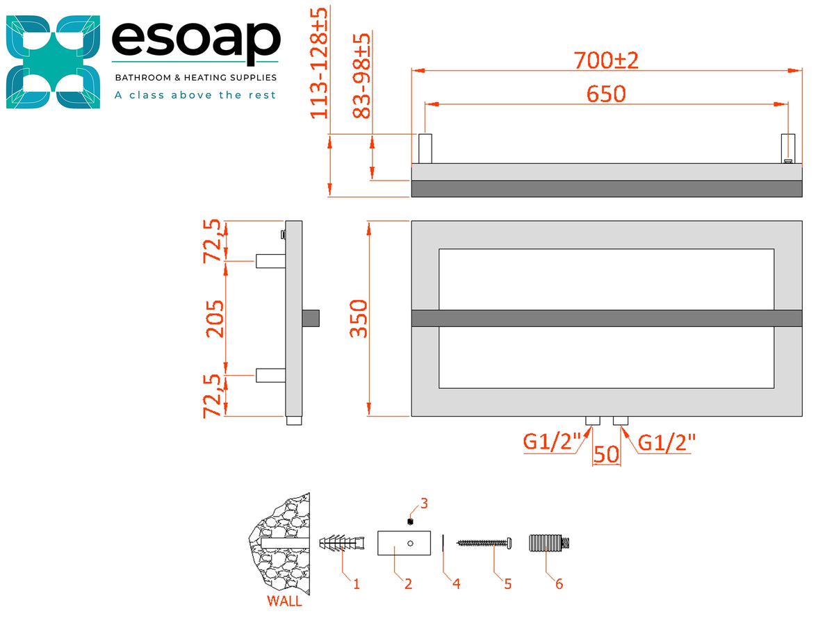 technical diagram for Reina Breno 350x700 Chrome Designer Radiator