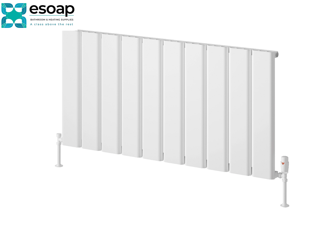 A white panel radiators by Esoap, featuring a modern multi-panel design with a central valve and two floor-mounted pipes, shown on a clean white background with the Esoap logo in the top left corner Reina Caldaro Horizontal 600x1245 White Designer Radiator