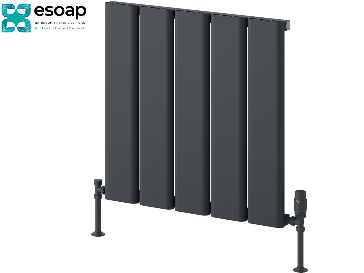A dark gray vertical panel radiator with support legs and a central valve, shown on a white background with the Esoap logo in the top-left corner Reina Caldaro Horizontal 600x620 Anthracite Designer Radiator
