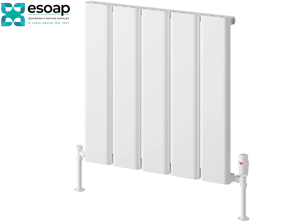 A white panel radiators by Esoap, featuring six vertical panels and a white valve assembly on the right side, shown on a clean white background with the Esoap logo in the top-left corner Reina Caldaro Horizontal 600x620 White Designer Radiator