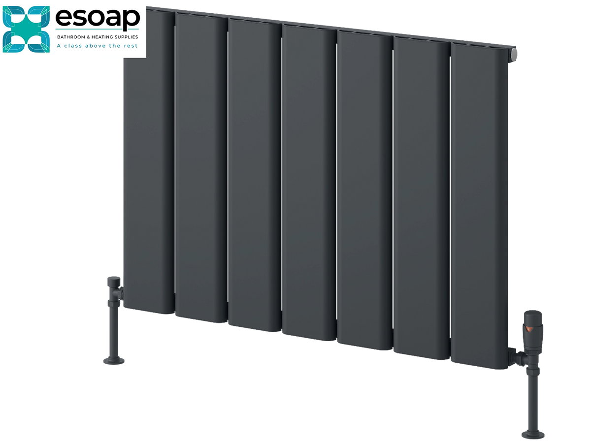 A dark gray panel radiators by Esoap, featuring a modern multi-panel design with a central valve control, shown on a solid white background Reina Caldaro Horizontal 600x870 Anthracite Designer Radiator