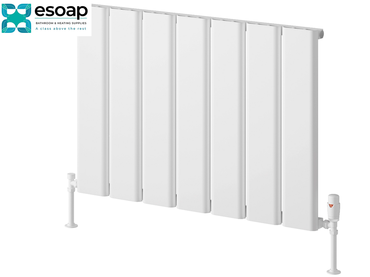 A white panel radiators by Esoap, featuring a clean modern design with vertical fins and a white valve assembly on the bottom right, shown against a solid white background with the Esoap logo in the top-left corner Reina Caldaro Horizontal 600x870 White Designer Radiator