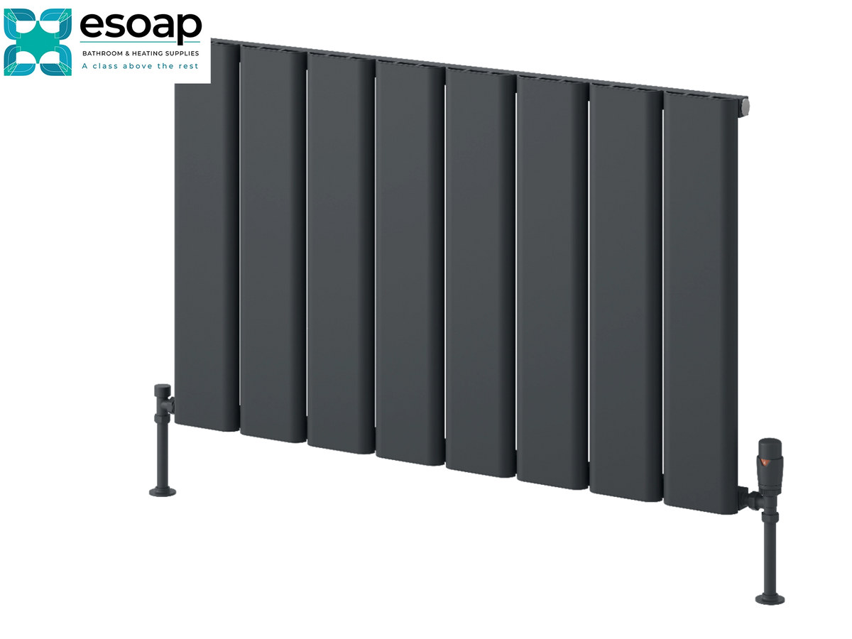 A dark gray multi-panel vertical radiator shown on a plain white background, with the Esoap logo in the top-left corner Reina Caldaro Horizontal 600x995 Anthracite Designer Radiator