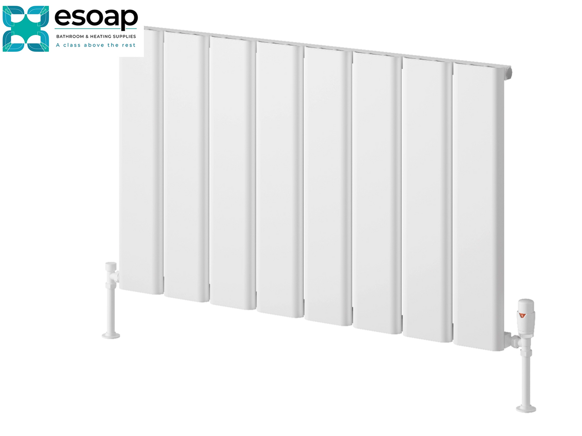 A white multi-panel vertical radiator shown on a plain white background, with a small Esoap logo in the top-left corner Reina Caldaro Horizontal 600x995 White Designer Radiator