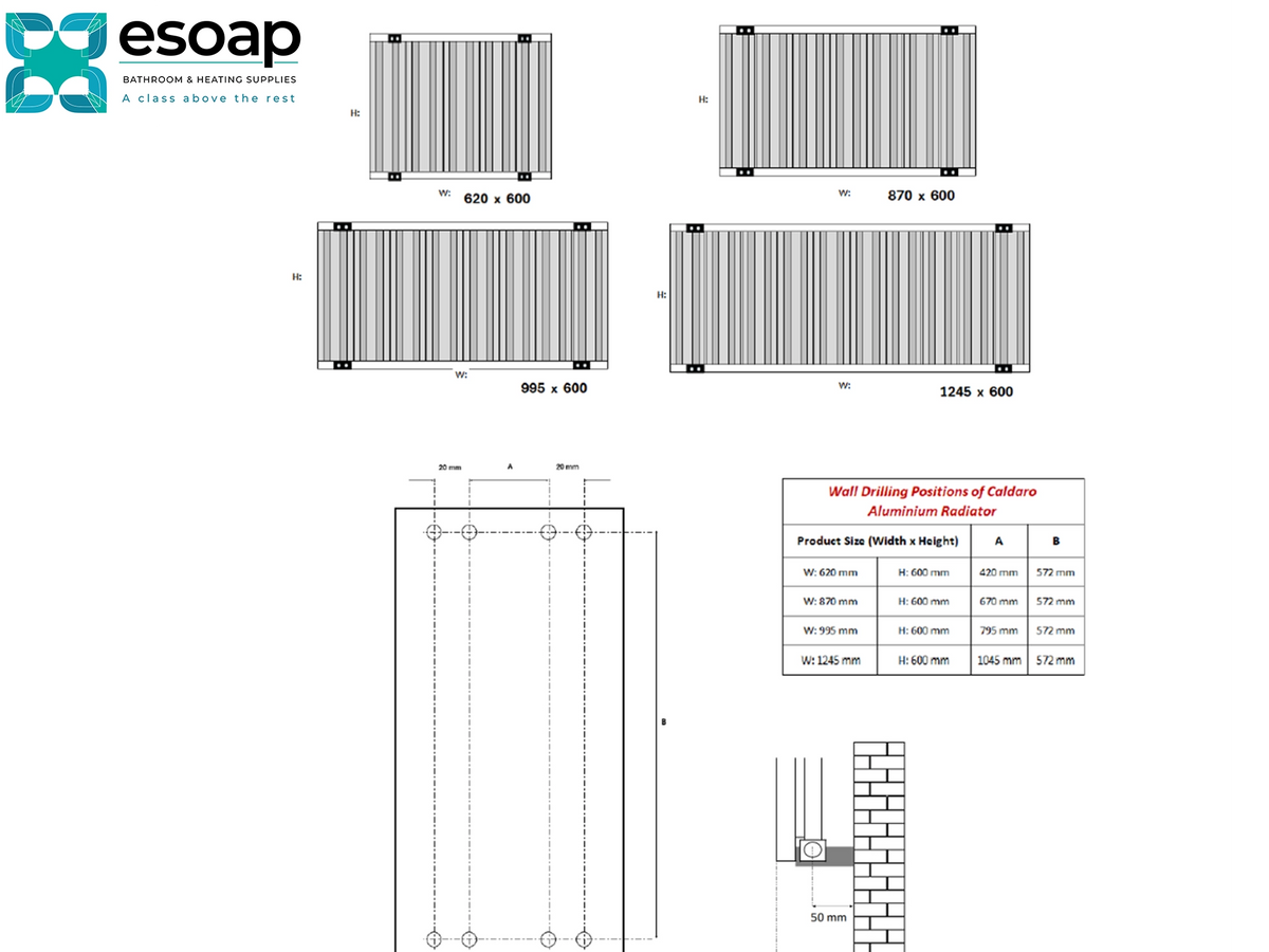 A technical specification and sizing chart for Esoap Coltona Aluminium Radiators, showing multiple dimensional diagrams of different radiator sizes, a wiring diagram, and a drilling position table on a white background Reina Caldaro Horizontal Designer Radiator