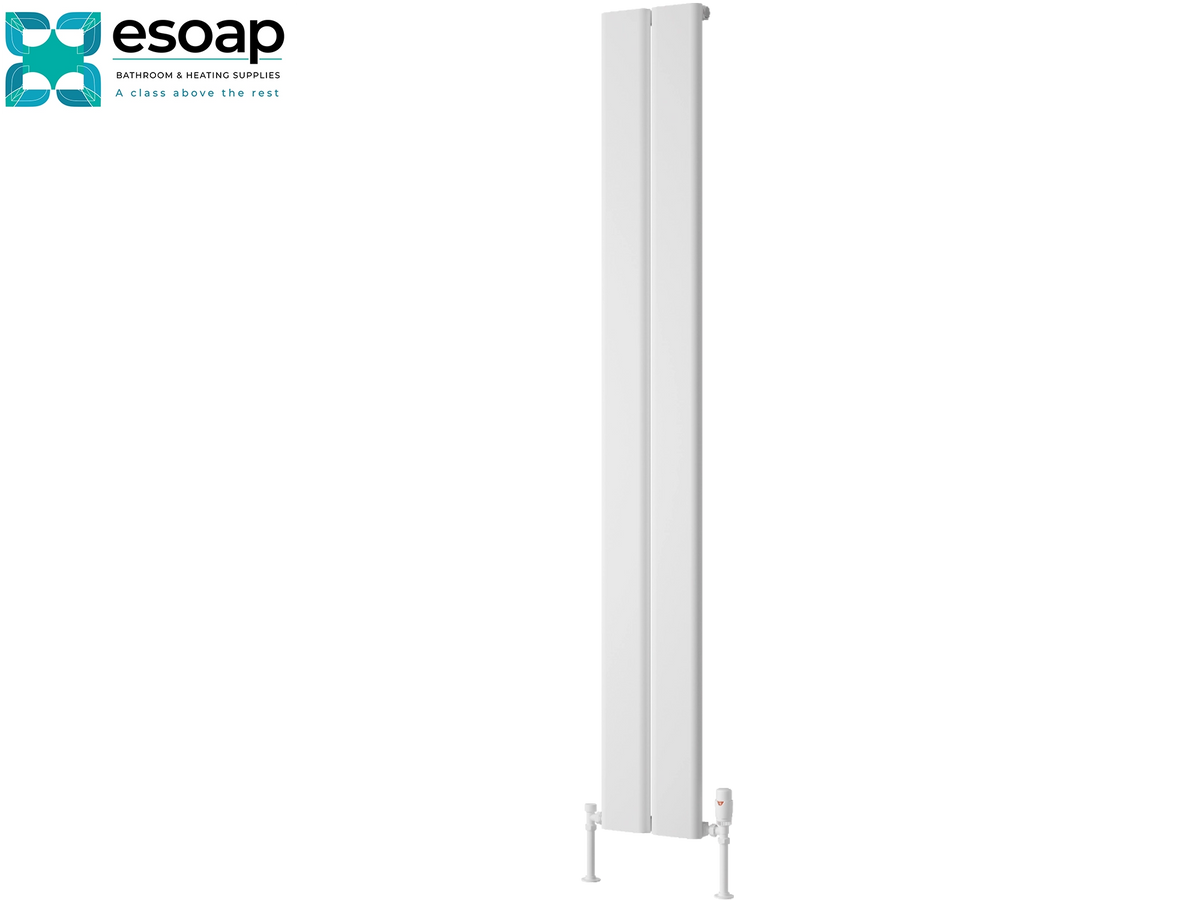 A tall, slim white panel radiator shown on a plain white background, with the Esoap brand logo in the top-left corner Reina Caldaro Vertical 1800x245 White Designer Radiator