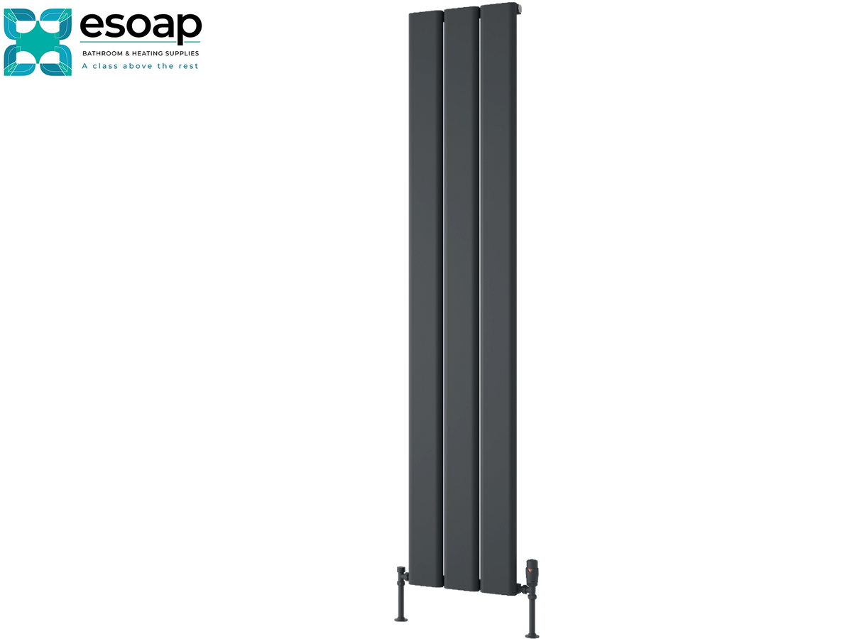 A tall, narrow three-panel radiator in a matte dark gray finish, shown against a plain white background with the Esoap brand logo in the top-left corner Reina Caldaro Vertical 1800x370 Anthracite Designer Radiator