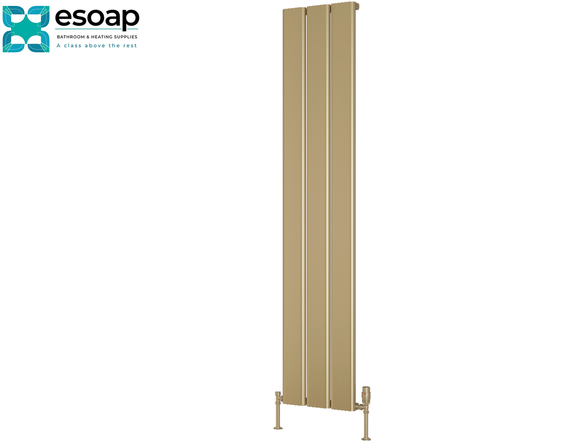 A tall, narrow vertical panel radiator in a matte champagne-gold finish, shown against a plain white background with the Esoap brand logo in the top-left corner Reina Caldaro Vertical 1800x370 Brass Designer Radiator