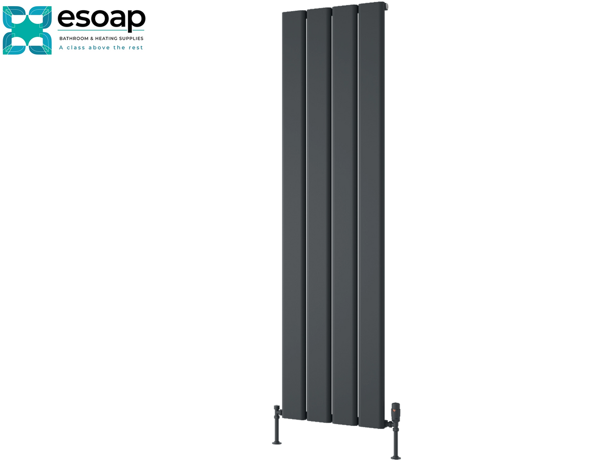 A tall, modern multi-panel radiator in matte dark gray, shown against a plain white background with the Esoap brand logo in the top-left corner Reina Caldaro Vertical 1800x495 Anthracite Designer Radiator