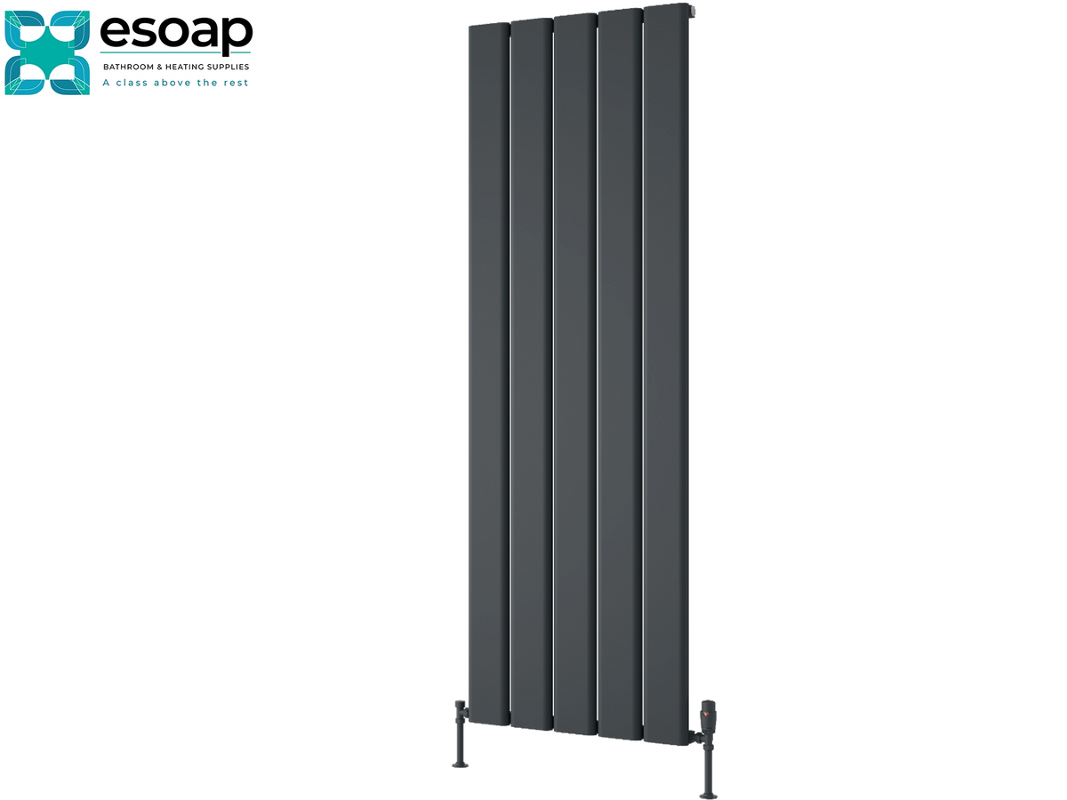 A tall, modern multi-panel radiator in a dark charcoal gray finish, shown against a plain white background with the Esoap brand logo in the top-left corner Reina Caldaro Vertical 1800x620 Anthracite Designer Radiator