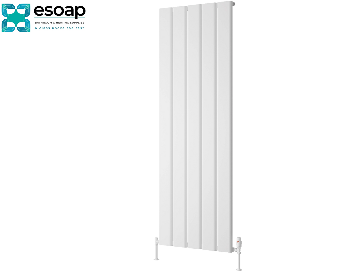 A tall white panel radiator shown on a plain white background, with the Esoap logo in the top-left corner Reina Caldaro Vertical 1800x620 White Designer Radiator