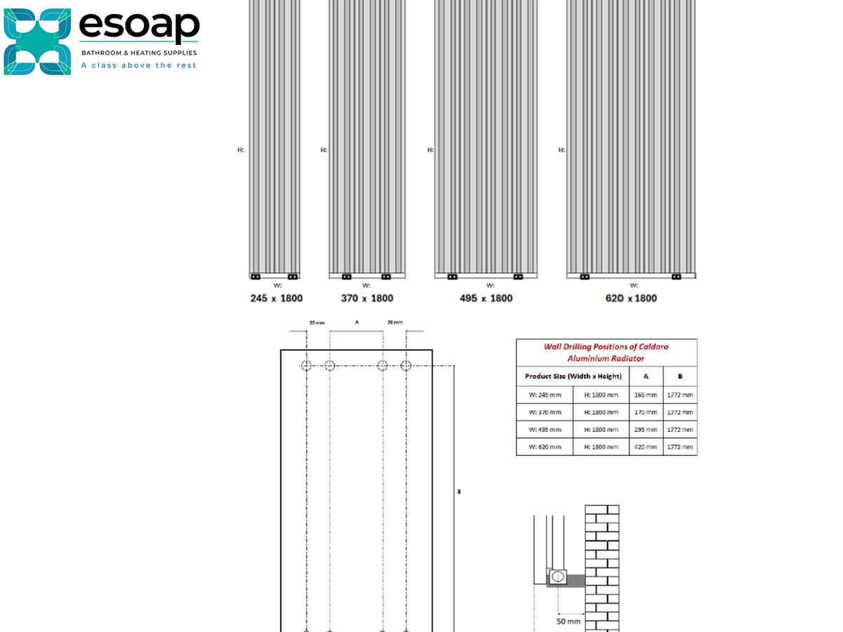 Technical product diagram sheet for Esoap aluminium radiator profiles, showing four vertical radiator designs with dimensions (245 x 1800, 370 x 1800, 495 x 1800, 620 x 1800), a cross-section drawing, and a wall drilling position table on a white background Reina Caldaro Vertical Designer Radiator