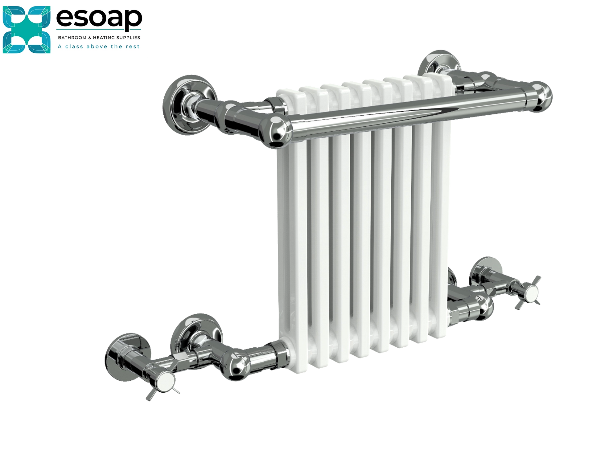 White camden 505 x 675 radiator with chrome fixtures on a white background, featuring the Esoap brand.