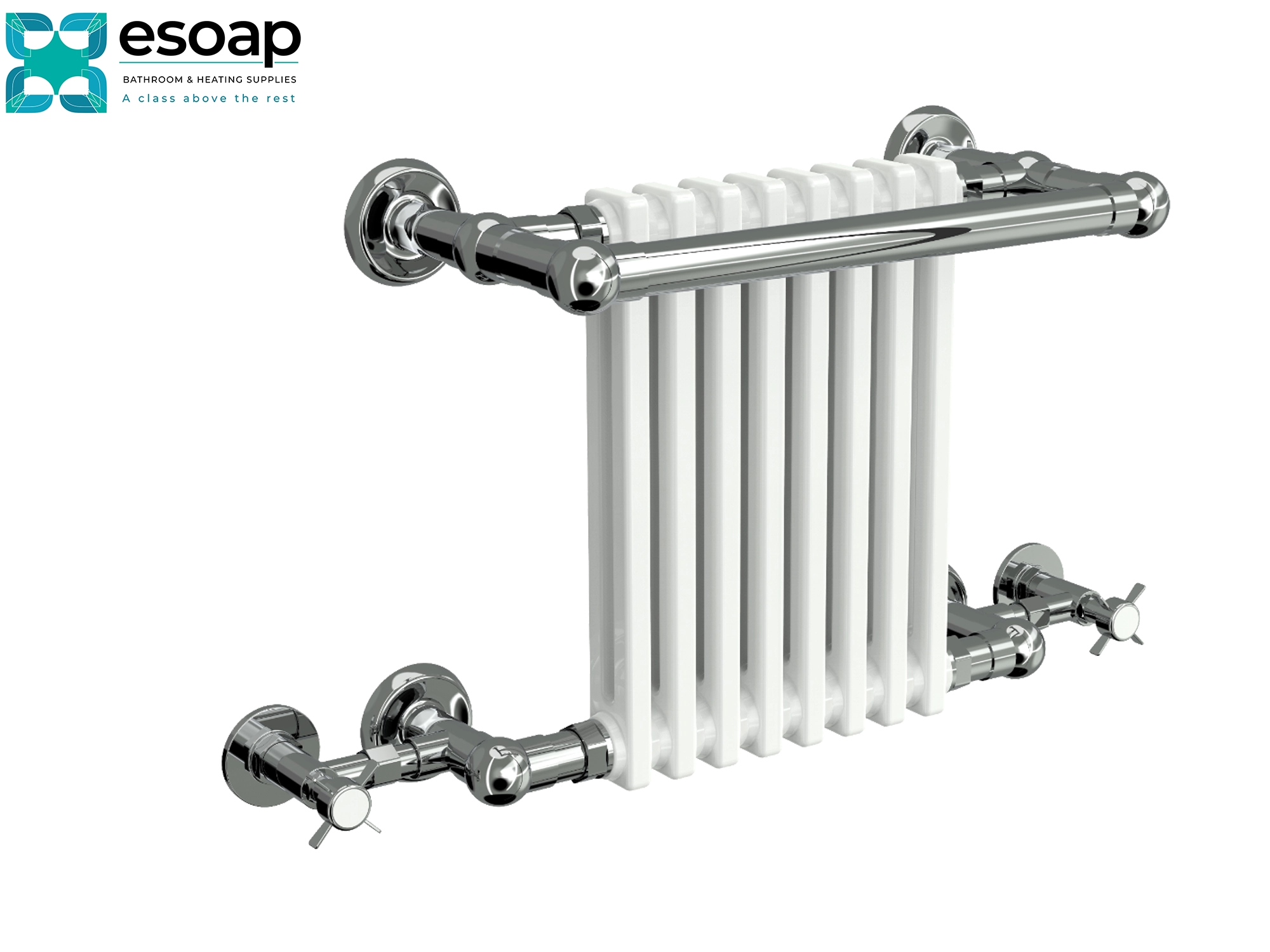 White camden 505 x 675 radiator with chrome fixtures on a white background, featuring the Esoap brand.