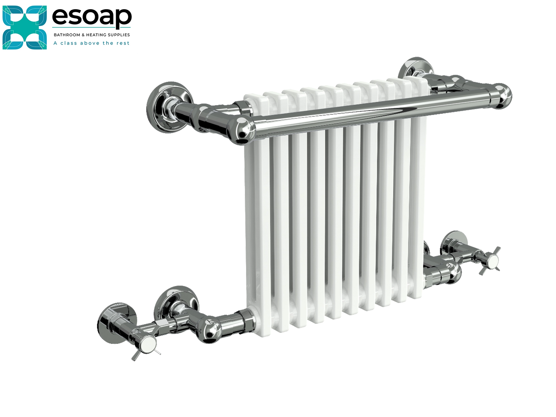 Camden 505 x 770 Chrome and White radiator with chrome fixtures on a white background, featuring the Esoap brand.