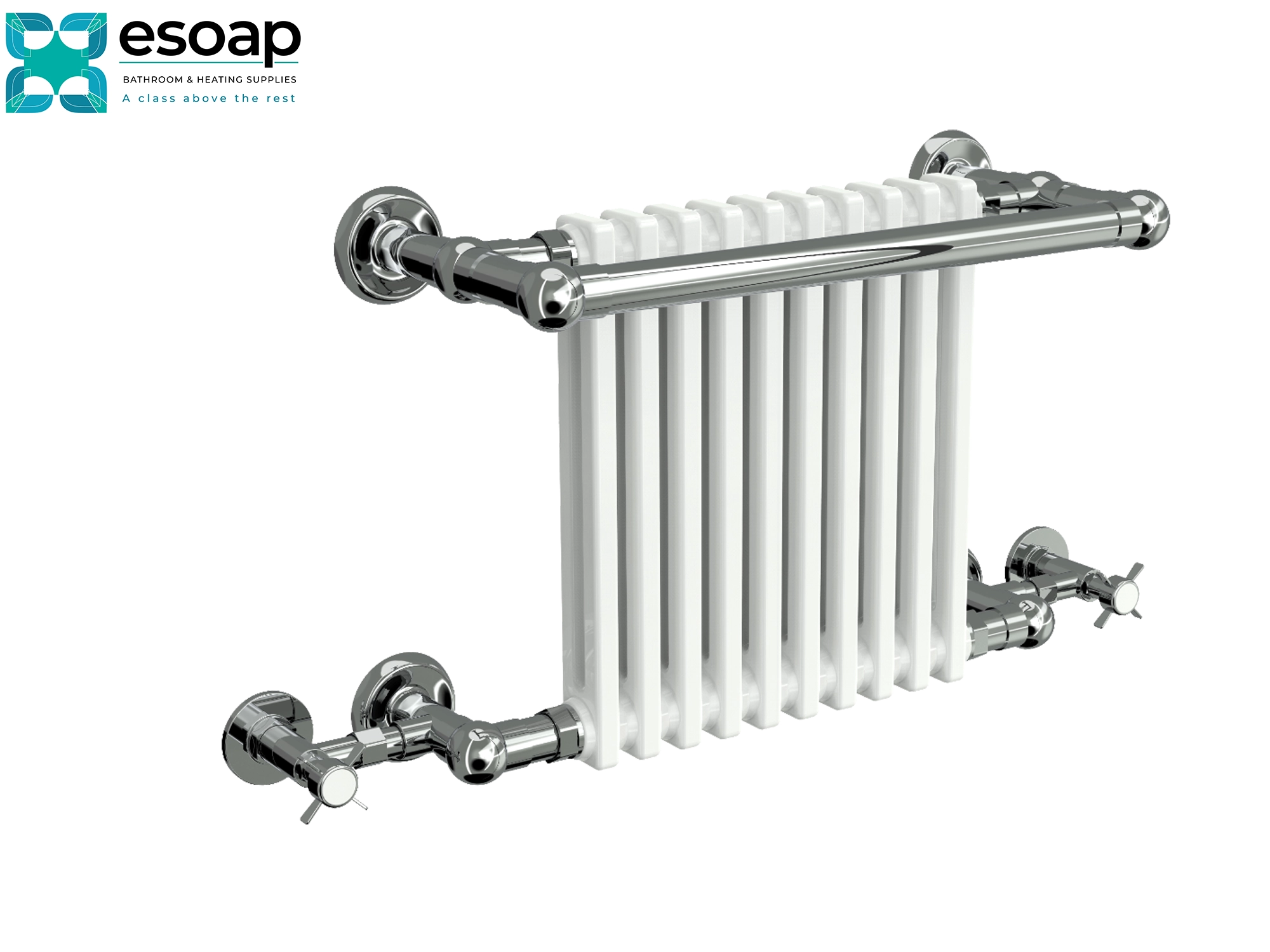 Camden 505 x 770 Chrome and White radiator with chrome fixtures on a white background, featuring the Esoap brand.