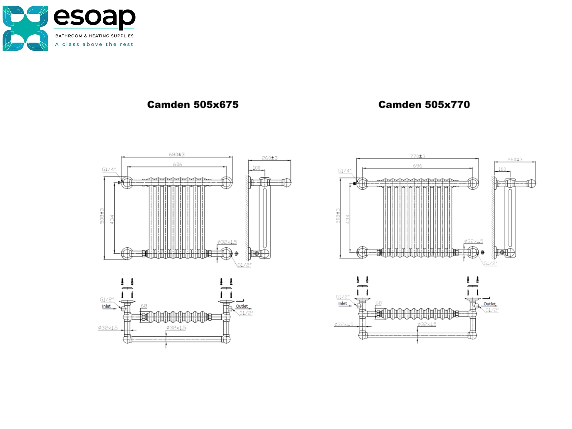 Technical Camden drawings of radiators with dimensions labeled, featuring the Esoap brand.