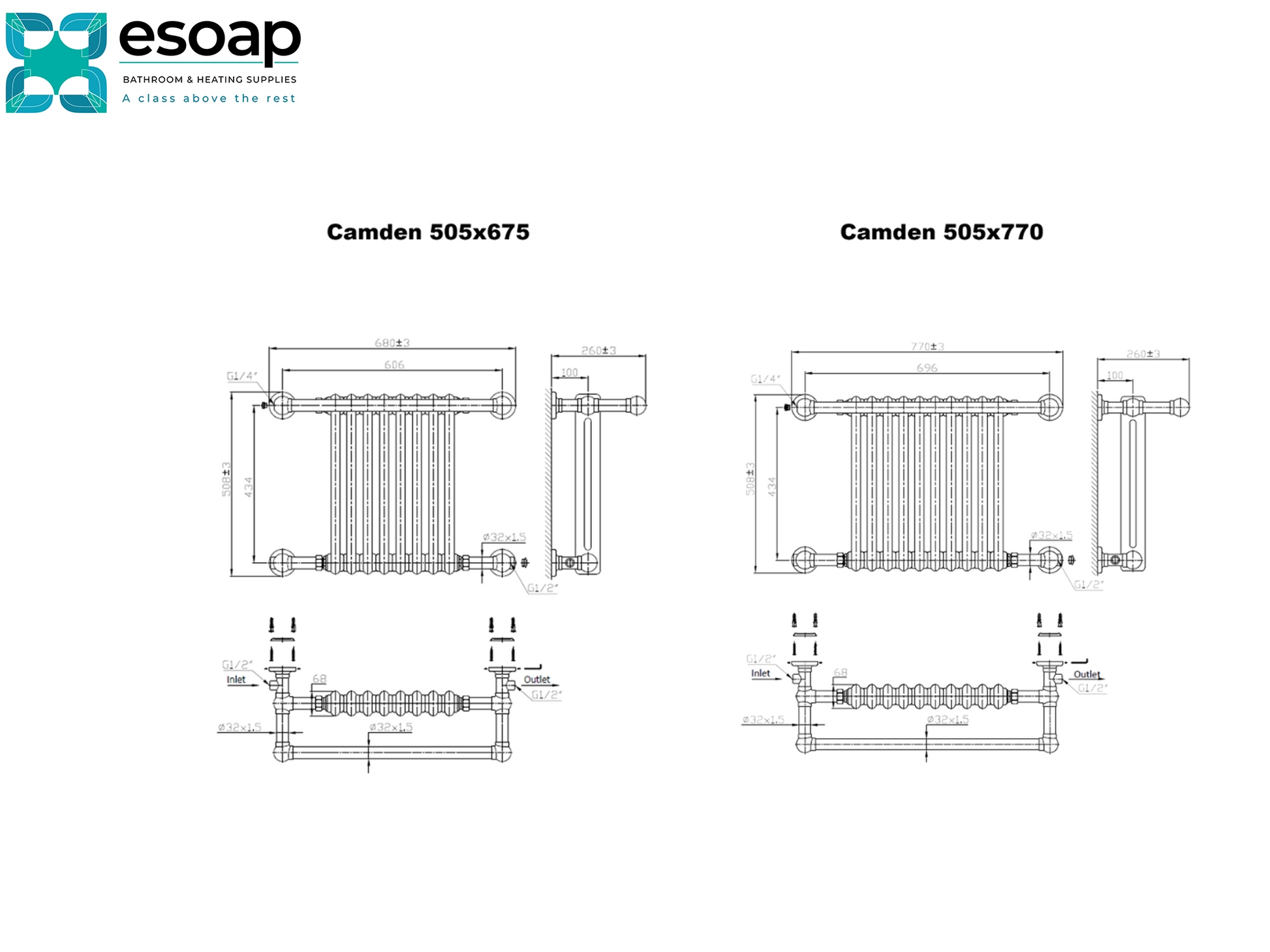  Reina Camden Technical drawings of radiators with dimensions labeled, featuring the Esoap brand.