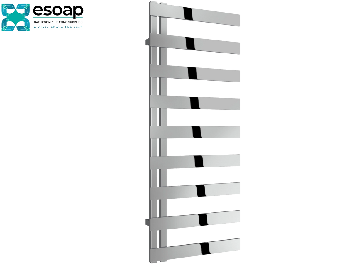 A modern chrome heated towel rail with horizontal bars, shown on a white background with the Esoap logo in the top-left corner. Reina Capelli 1235x500 Polished Stainless Steel Designer Radiator