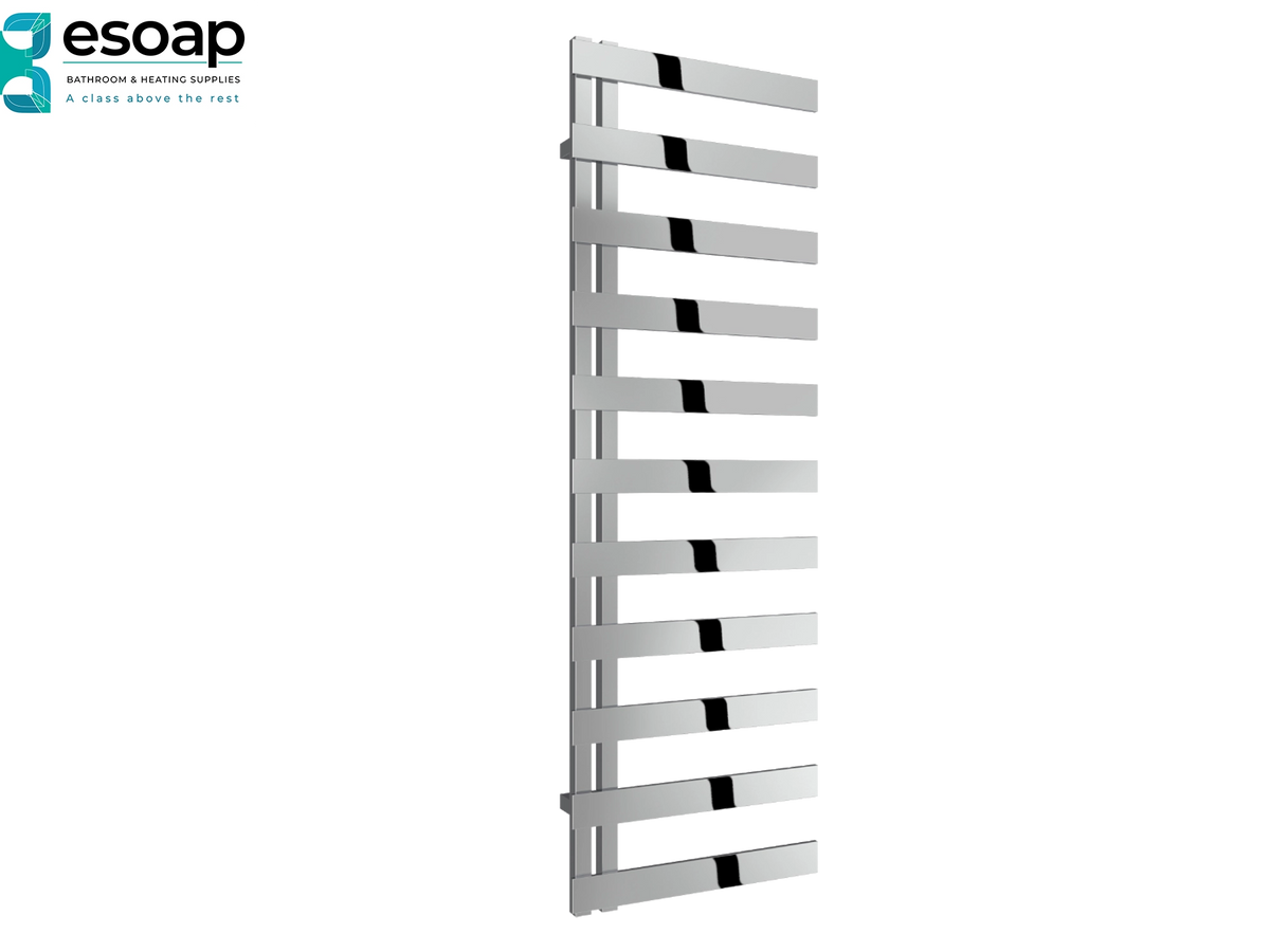 A modern chrome electric heated towel rail with horizontal bars, shown on a plain white background with the esoap brand logo in the top-left corner. Reina Capelli 1525x500 Polished Stainless Steel Designer Radiator