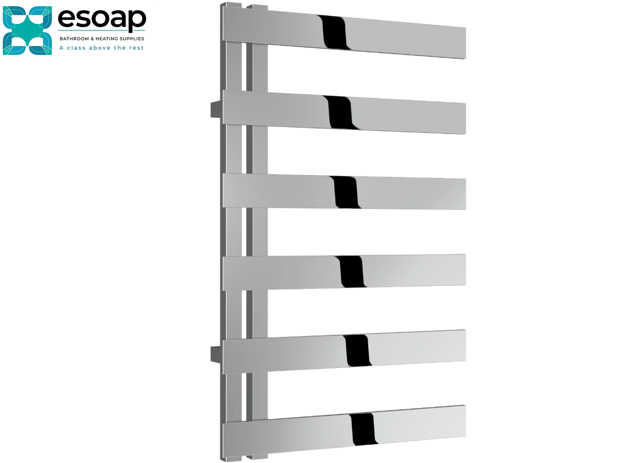 A modern six-bar heated towel rail in polished silver stainless steel, shown against a plain white background with the Esoap brand logo in the top-left corner. Reina Capelli 1235x500 Polished Stainless Steel Designer Radiator