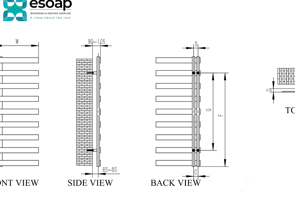 Technical dimension drawing showing front, side, and back views of a wall-mounted heating/ventilation panel with measurements, plus a small side profile and a blue Esoap logo at the top left. Reina Capelli Polished Stainless Steel Designer Radiator