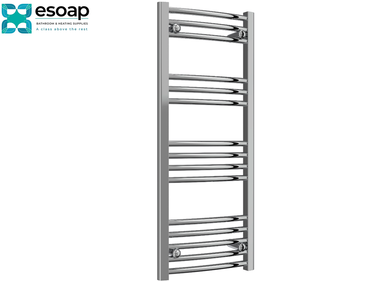 A tall, narrow chrome towel rail with multiple horizontal bars, shown on a plain white background. The Esoap brand logo is visible in the top-left corner Reina Capo Curved 1000x400 Chrome Towel Rail