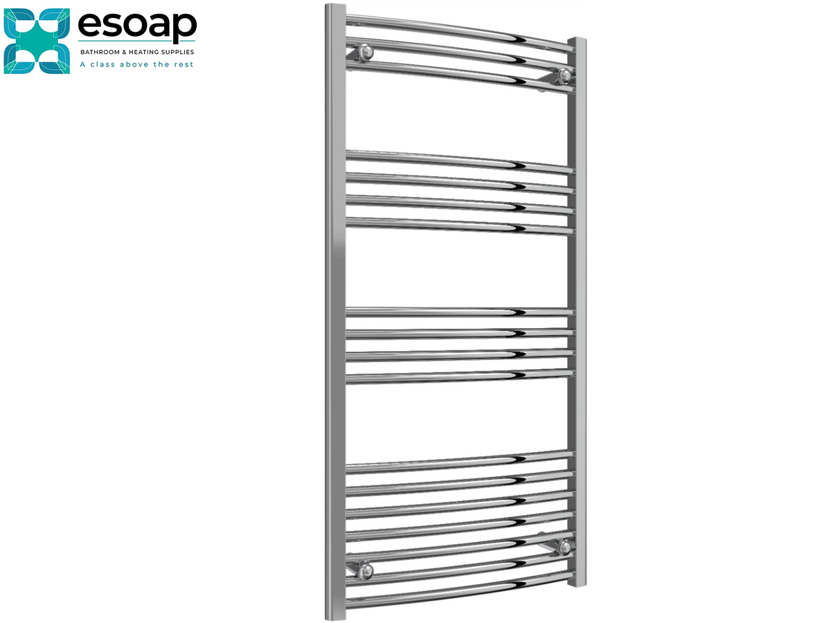 A polished chrome heated towel rail with curved horizontal bars, shown on a plain white background with the Esoap brand logo in the top-left corner Reina Capo Curved 1200x600 Chrome Towel Rail