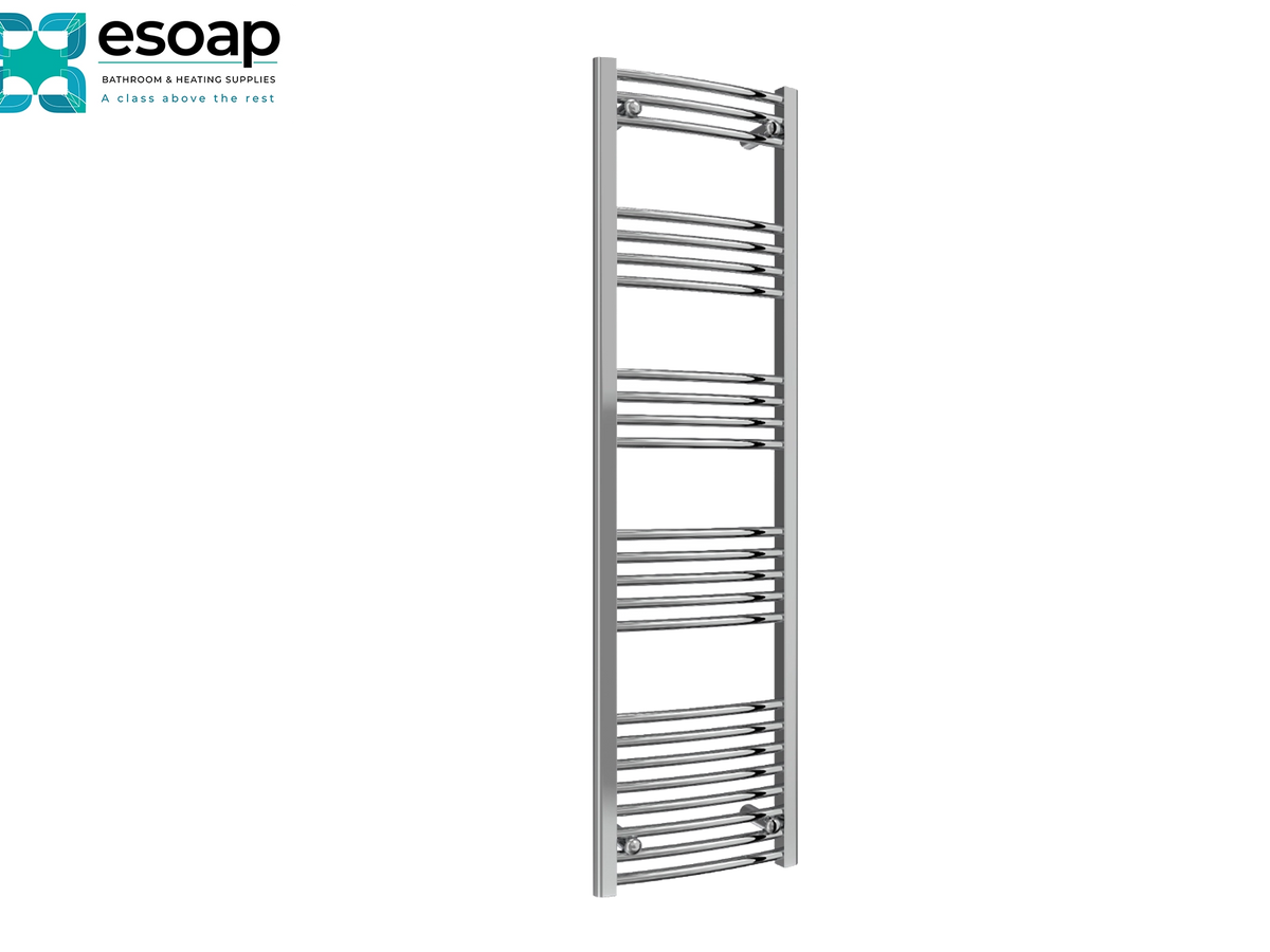 A tall, modern heated towel rail in polished chrome, shown vertically against a plain white background with the 'esoap' brand logo in the top-left corner Reina Capo Curved 1600x400 Chrome Towel Rail