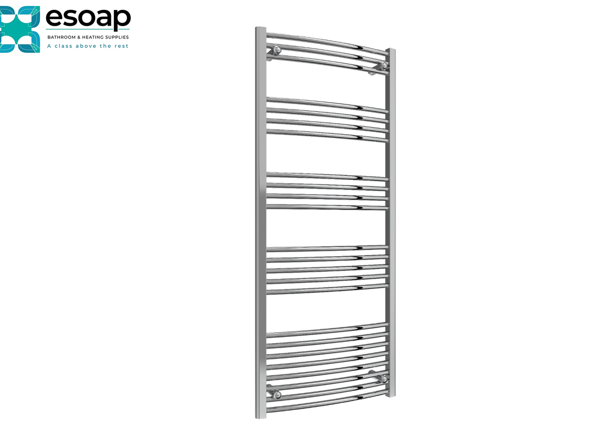 A tall, curved stainless steel heated towel rail with multiple horizontal bars, shown on a plain white background with the essoap brand logo in the top-left corner Reina Capo Curved 1600x600 Chrome Towel Rail