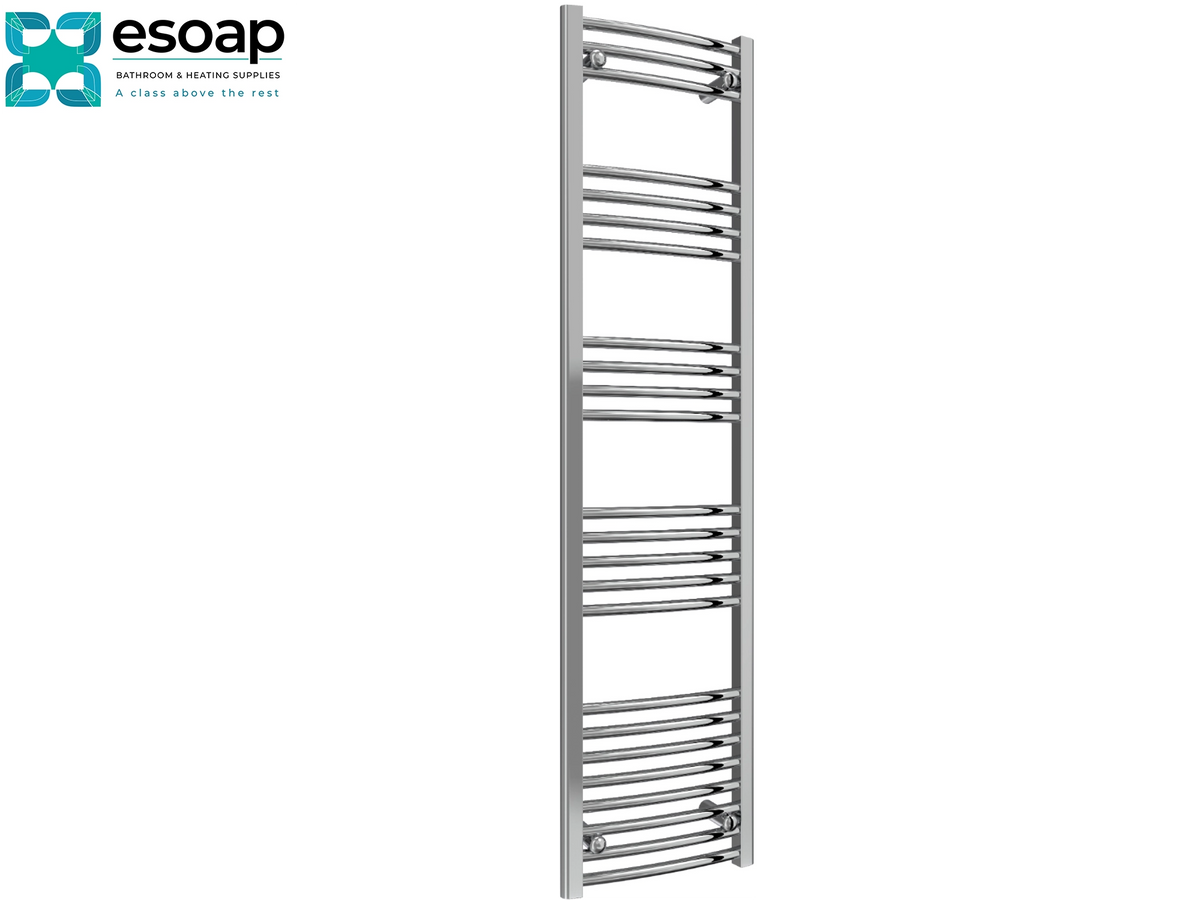 A tall, modern chrome heated towel rail with multiple curved horizontal bars, shown against a plain white background with the Esoap brand logo in the top-left corner Reina Capo Curved 1800x400 Chrome Towel Rail