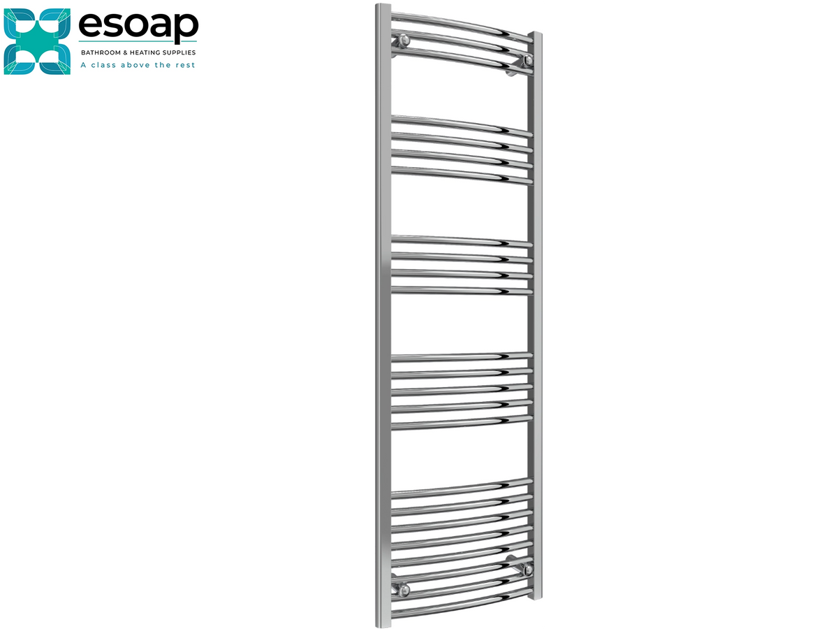 A tall, narrow stainless steel heated towel rail with multiple curved horizontal bars, shown on a plain white background. The Esoap brand logo is visible in the top-left corner Reina Capo Curved 1800x500 Chrome Towel Radiator