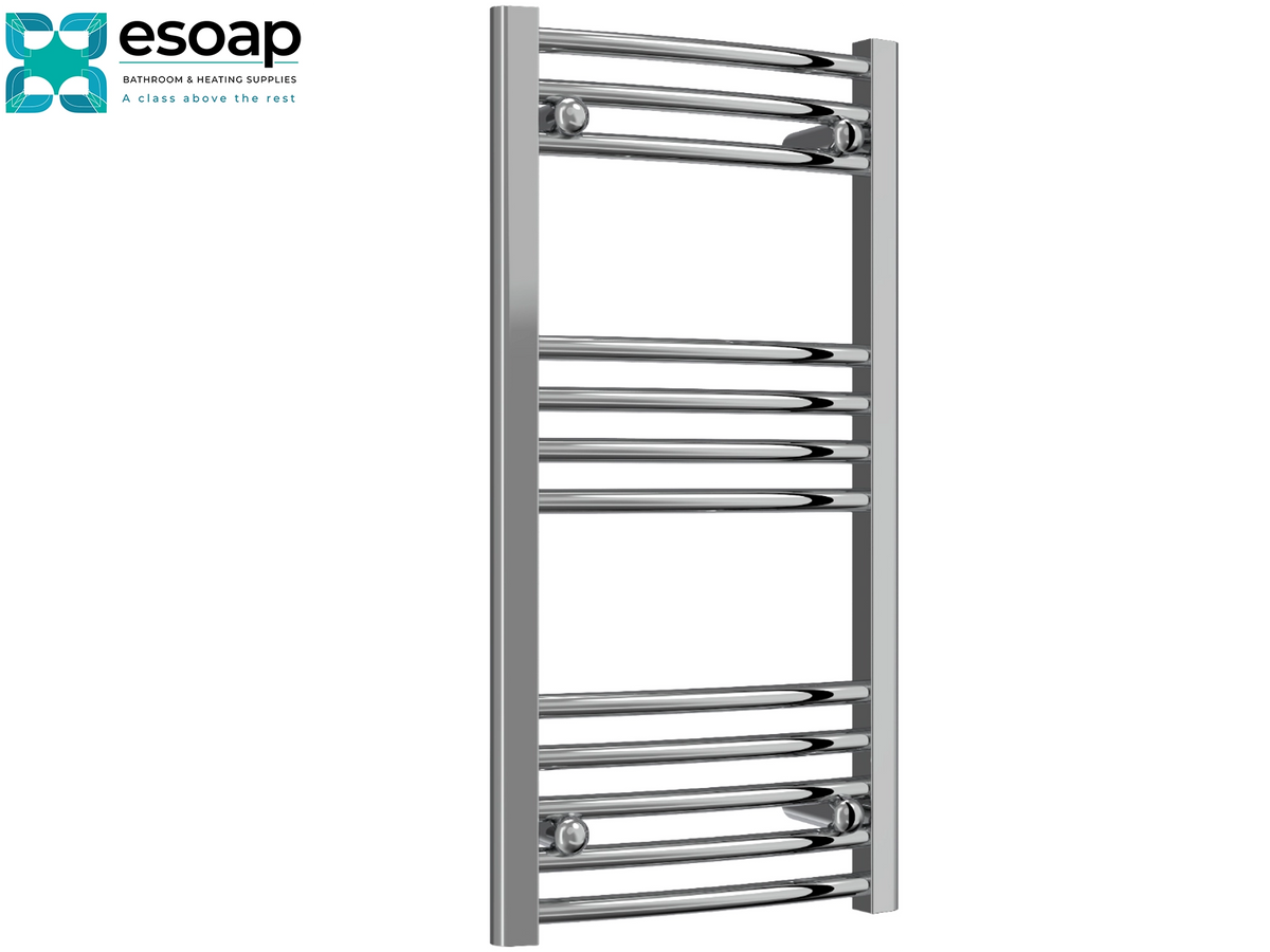A polished chrome heated towel rail with horizontal bars and mounting brackets, shown on a plain white background with the Esoap brand logo in the top-left corner  Reina Capo Curved 800x400 Chrome Towel Rail