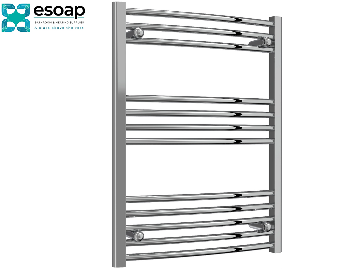 A polished chrome heated towel rail with multiple horizontal bars and wall-mounted brackets, shown on a plain white background with the Esoap logo in the top-left corner Reina Capo Curved 800x600 Chrome Towel Rail
