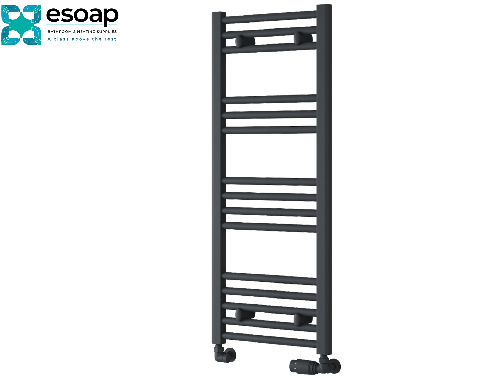 anthracite towel radiator 1000x400 on a white background with Esoap branding.