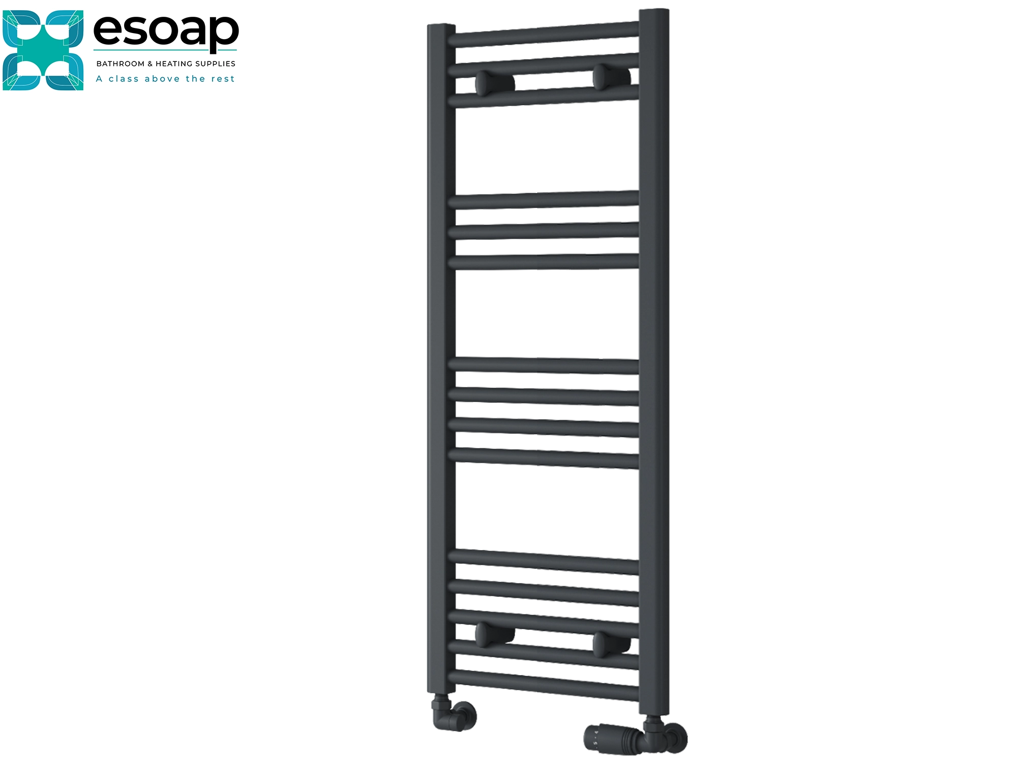 anthracite towel radiator 1000x400 on a white background with Esoap branding.
