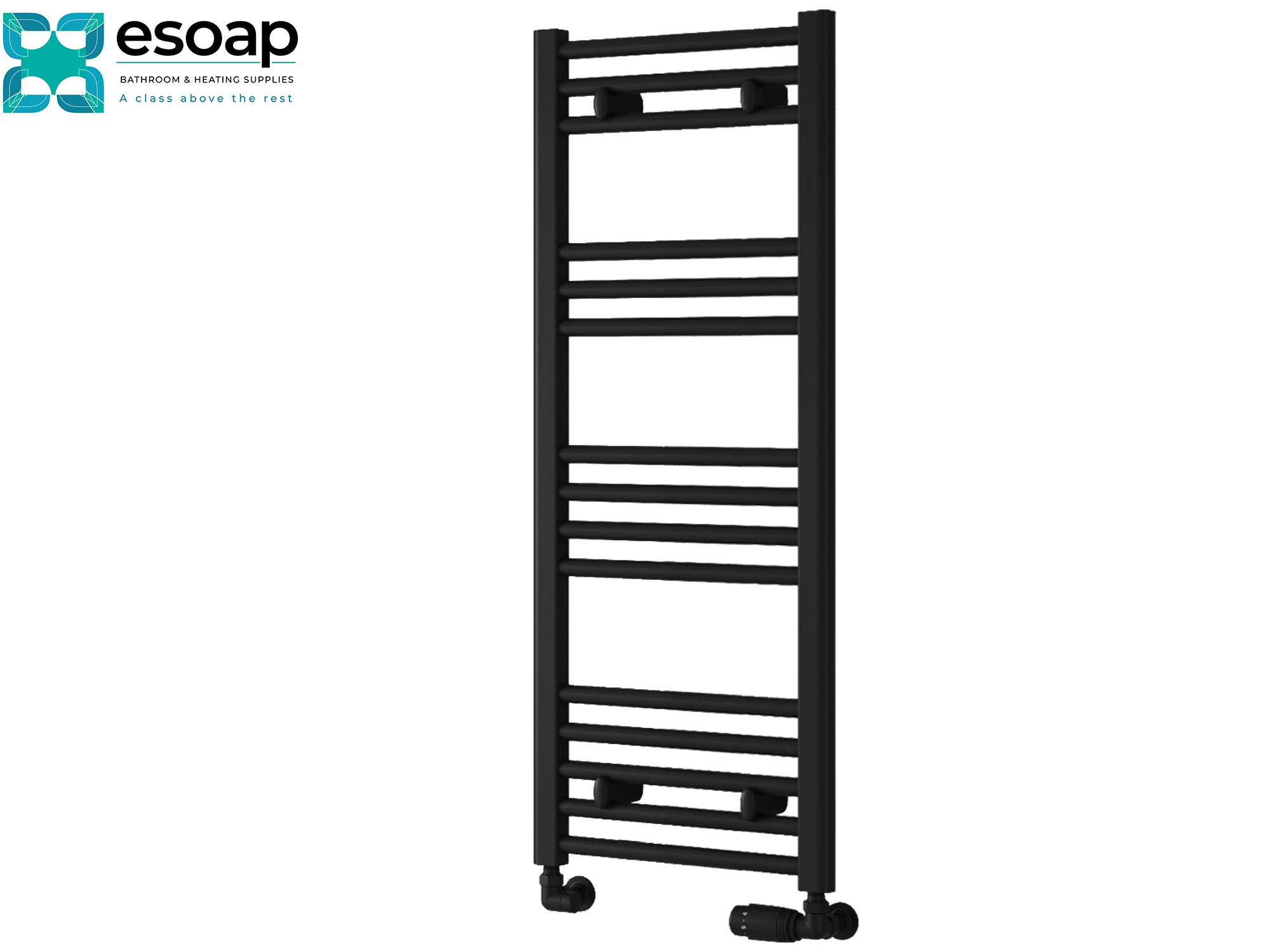 Black towel radiator 1000x400 on a white background with Esoap branding.
